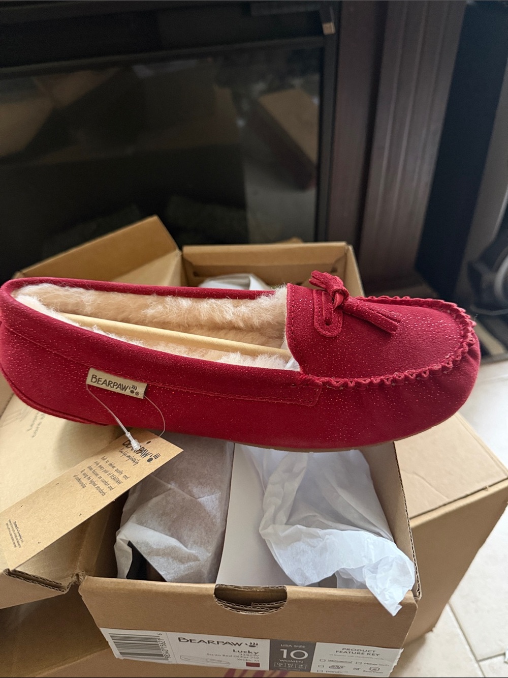 BearPaw Women's Red Suede Moccasin Slipper with tassel